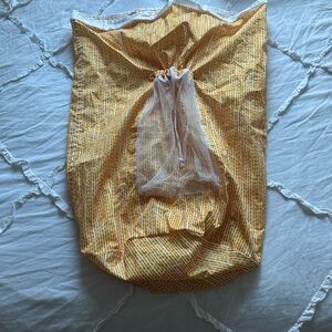 Yellow Striped Laundry Bag with Mesh Pocket and inside pocket